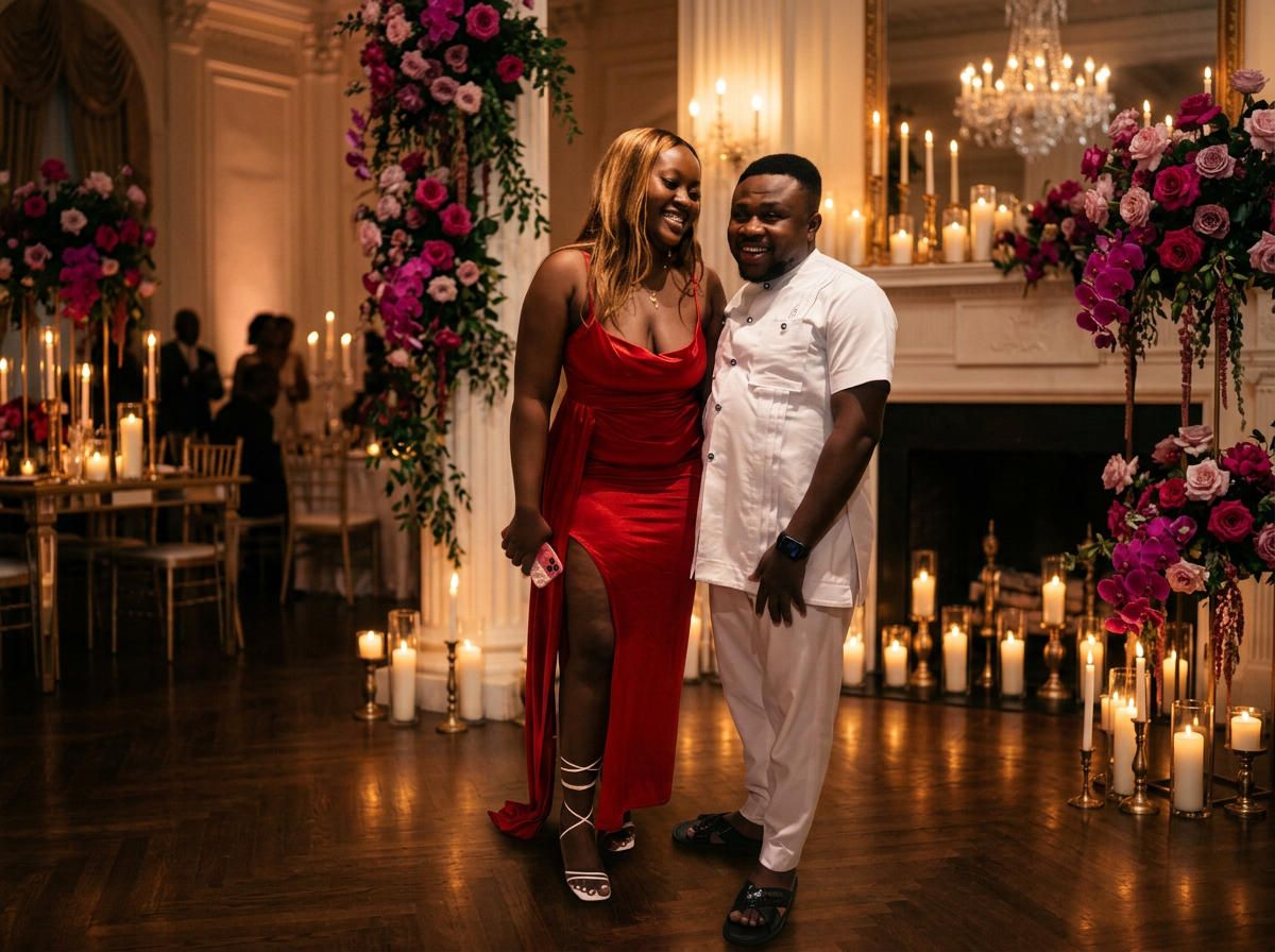 Eddy and Kessewa laughing together at an evening celebration