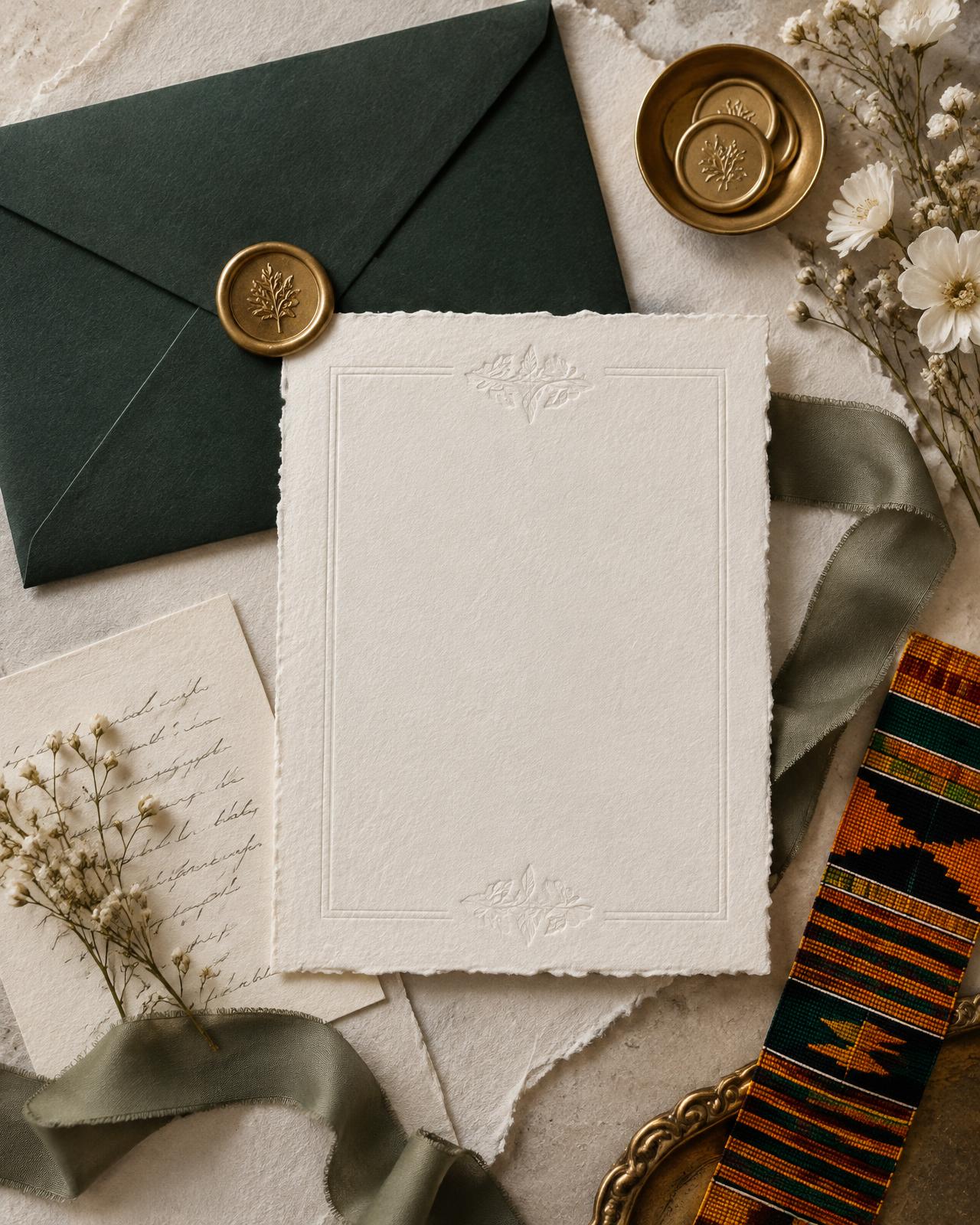 Invitation card, envelope with wax seal and a strip of Kente